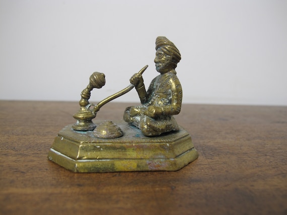 Vintage Brass Figure. Indian Figure With Turban Smoking Traditional Pipe  2.4 Inches 6cm Tall 