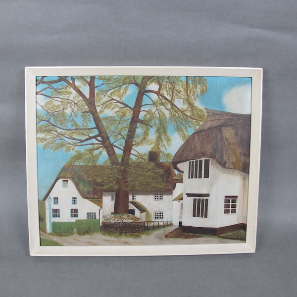 Framed vintage oil painting on board. Charming English thatched roof cottages. Signed by the artist 1975.