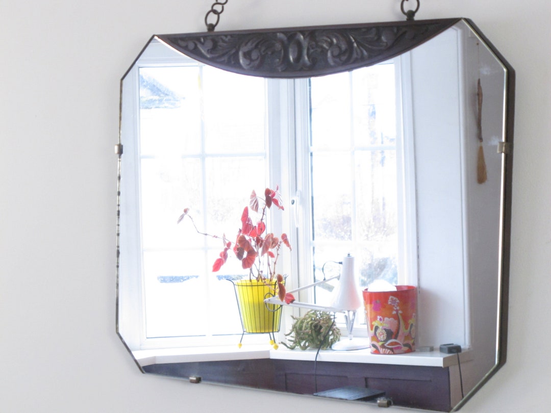 Arts and Crafts Mirror With Carved Wooden Decoration. Ready to Hang on