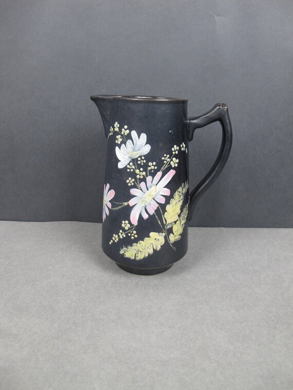 Antique black ceramic jug with flower decoration. Shabby chic Etsy