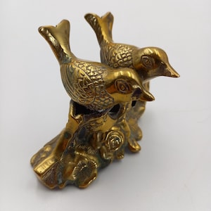 Vintage brass birds sitting on a branch with flowers. Pair of birds figurine 2.75 inches high
