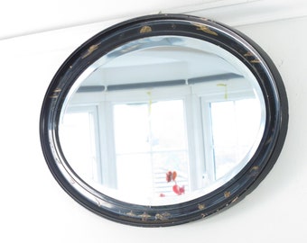 Victorian Chinoiserie Lacquered Wall Mirror.  Large, oval with deep bevelled edge. Ready to hang on new chain