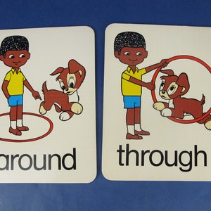Vintage educational flash cards. Choose your pair of flash cards. Fabulous illustrations from the 1970s. Cute dog and children