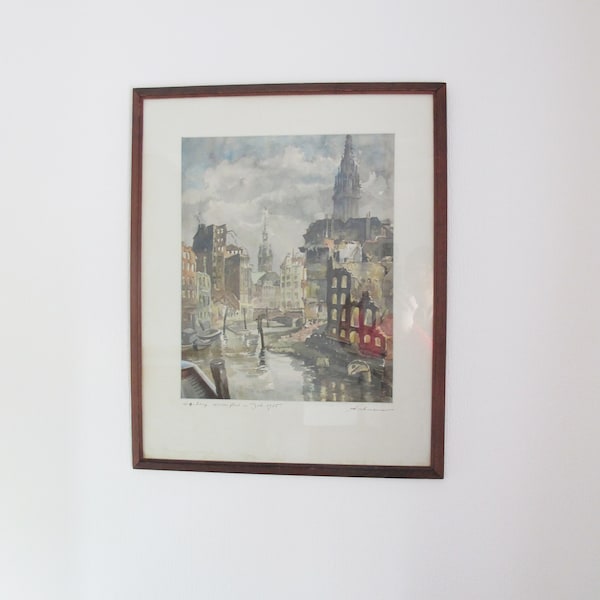 Peinture originale vintage, juillet 1945 Hambourg Nicolaifleet, ville déchirée par la guerre, signée par l'artiste A Schumann. Sous verre, prêt à accrocher 25 x 20,5 po.