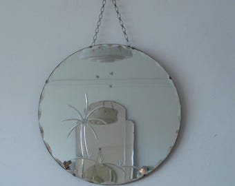 Round Art Deco Frameless Bevelled Mirror with scalloped bevel and cut glass palm tree. Ready to hang on original visible chain.