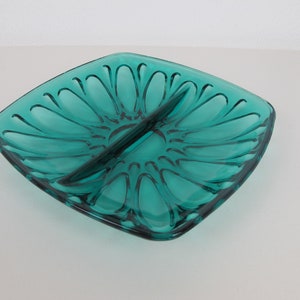 Glass dish. Lovely divided dish with impressed design. Lovely colour - slightly greenish blue.