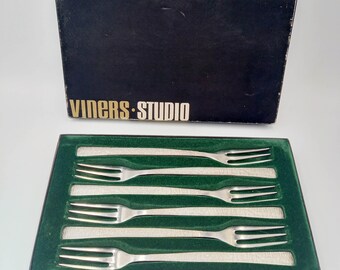Vintage Viners Studio cutlery boxed set. Six table forks - mid century modern cutlery, designed by Gerald Benney.