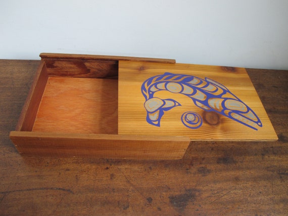 Vintage Wooden Box. Sliding Lid With Image of a Fish. Seafood Box