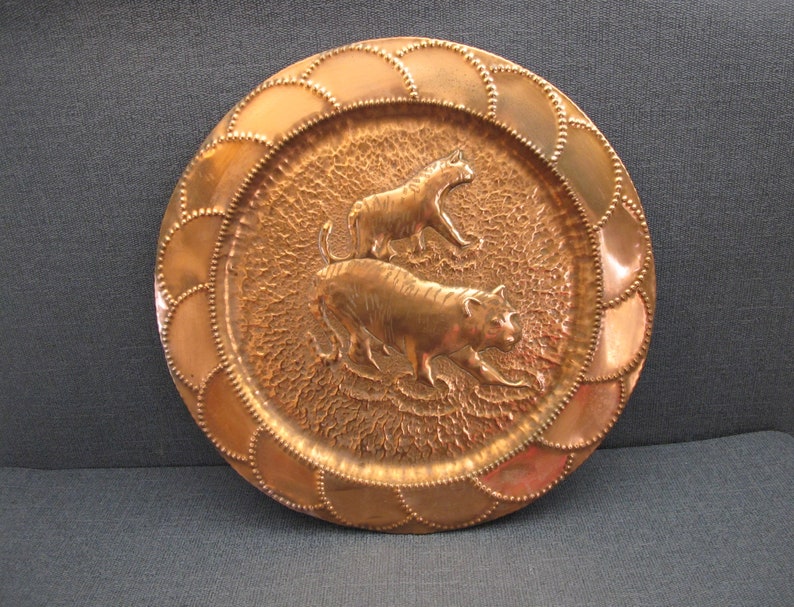 Vintage Round Copper Wall Hanging With Tigers. Wading Through Etsy UK