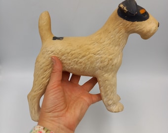 Vintage chalkware dog. Airedale or Fox Terrier 8.5 inches high