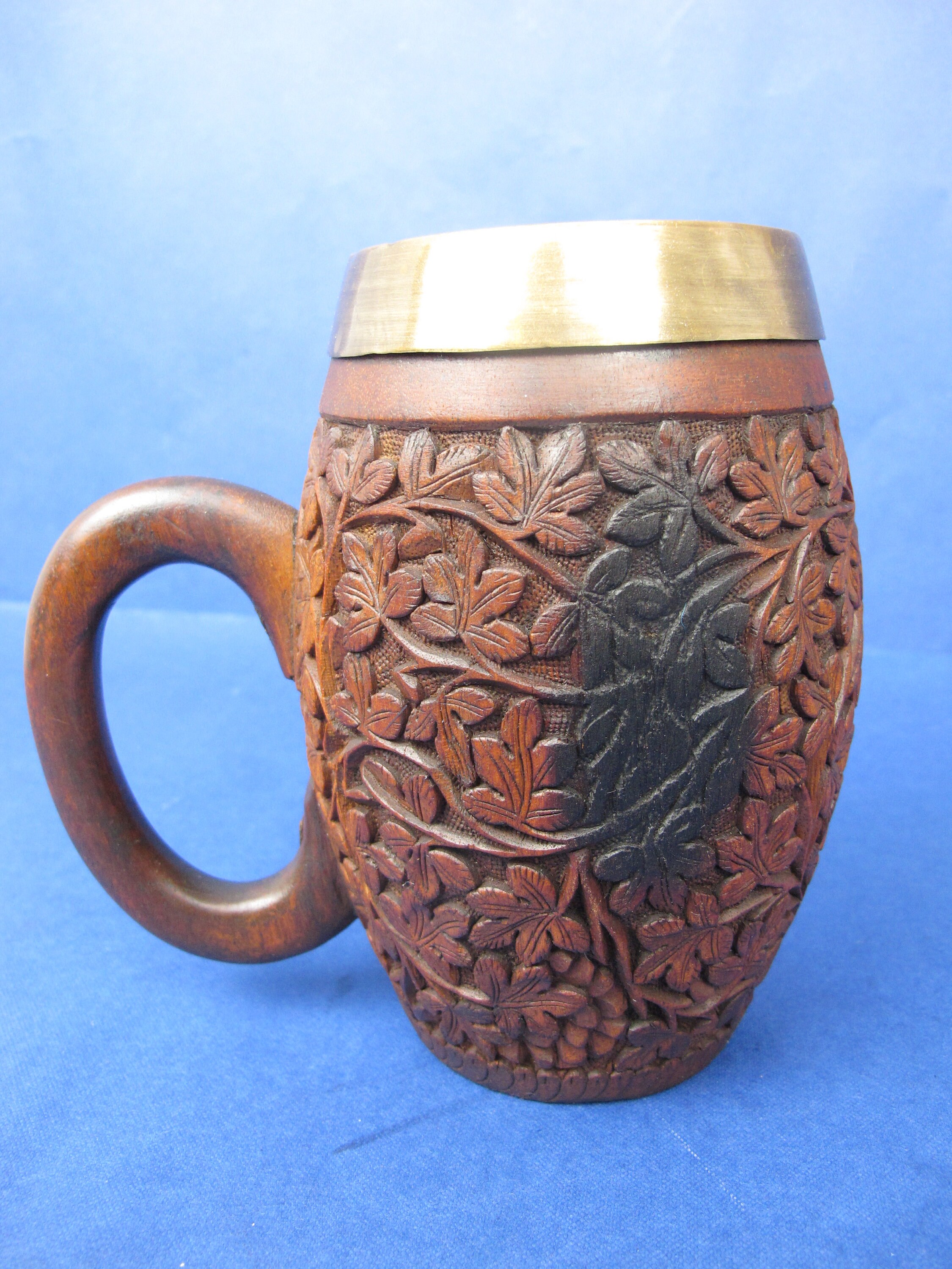 Vintage hand carved wooden mug with brass insert. Large wood Etsy