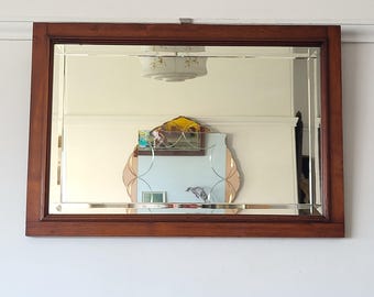 Edwardian Wooden Bevelled Mirror. Original  chain