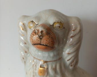 Antique Staffordshire Dog - white spaniel with gold chain and padlock 10 inches high (27cm)