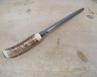 Vintage Forged Steel Knife Sharpener, Antler Handle Kitchen Tool