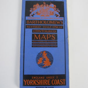Vintage Landkarte - Yorkshire Coast. Bartholomews halbzoll konturierte Karte auf Stoff Sheet 7 .