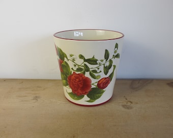 Vintage ceramic planter. Red floral decoration. 6 inches high and 6 inches diameter (15cm)