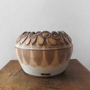 May include: A brown and white ceramic planter with a decorative rim featuring raised circles and leaf-like shapes. The planter has a white base and a brown glaze with a textured finish.