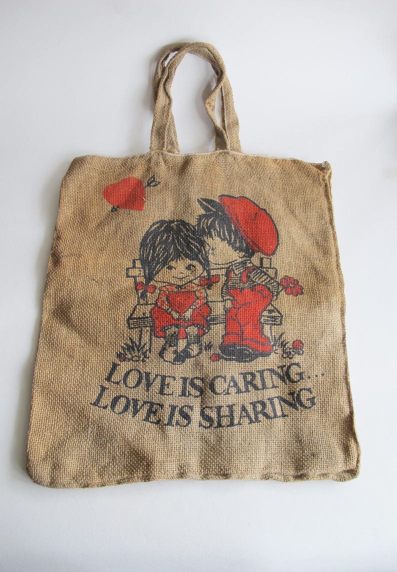 Vintage hessian Love is caring...Love is sharing bag seventies kitsch!