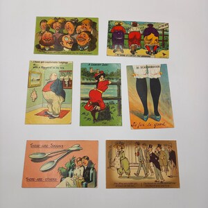 May include: A collection of vintage postcards with humorous illustrations and text. The postcards feature various scenes, including caricatures, seaside views, and social commentary. The color palette includes shades of yellow, green, red, and blue.