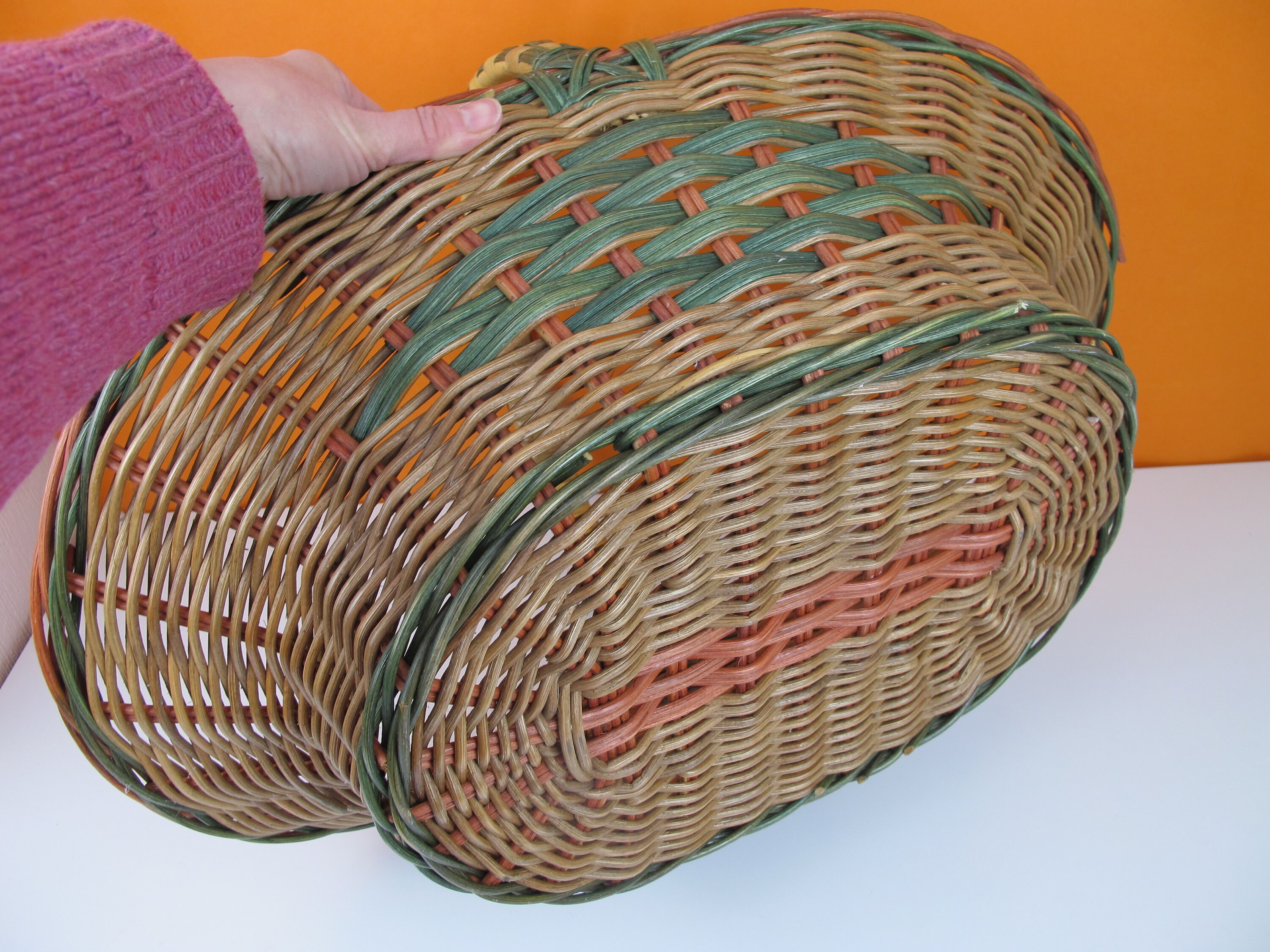 Vintage Wicker Basket. Large Oval Open Woven Basket With Red Etsy UK