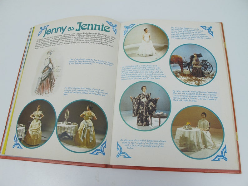 May include: Open book page featuring the title "Jenny as Jennie" with various images of historical fashion. The page includes illustrations and photographs of dresses and outfits from different eras, showcasing historical clothing styles and designs.