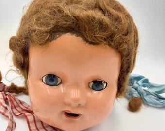 Antique Doll Head, Blue Eyes, Curly Pigtails, Display Piece