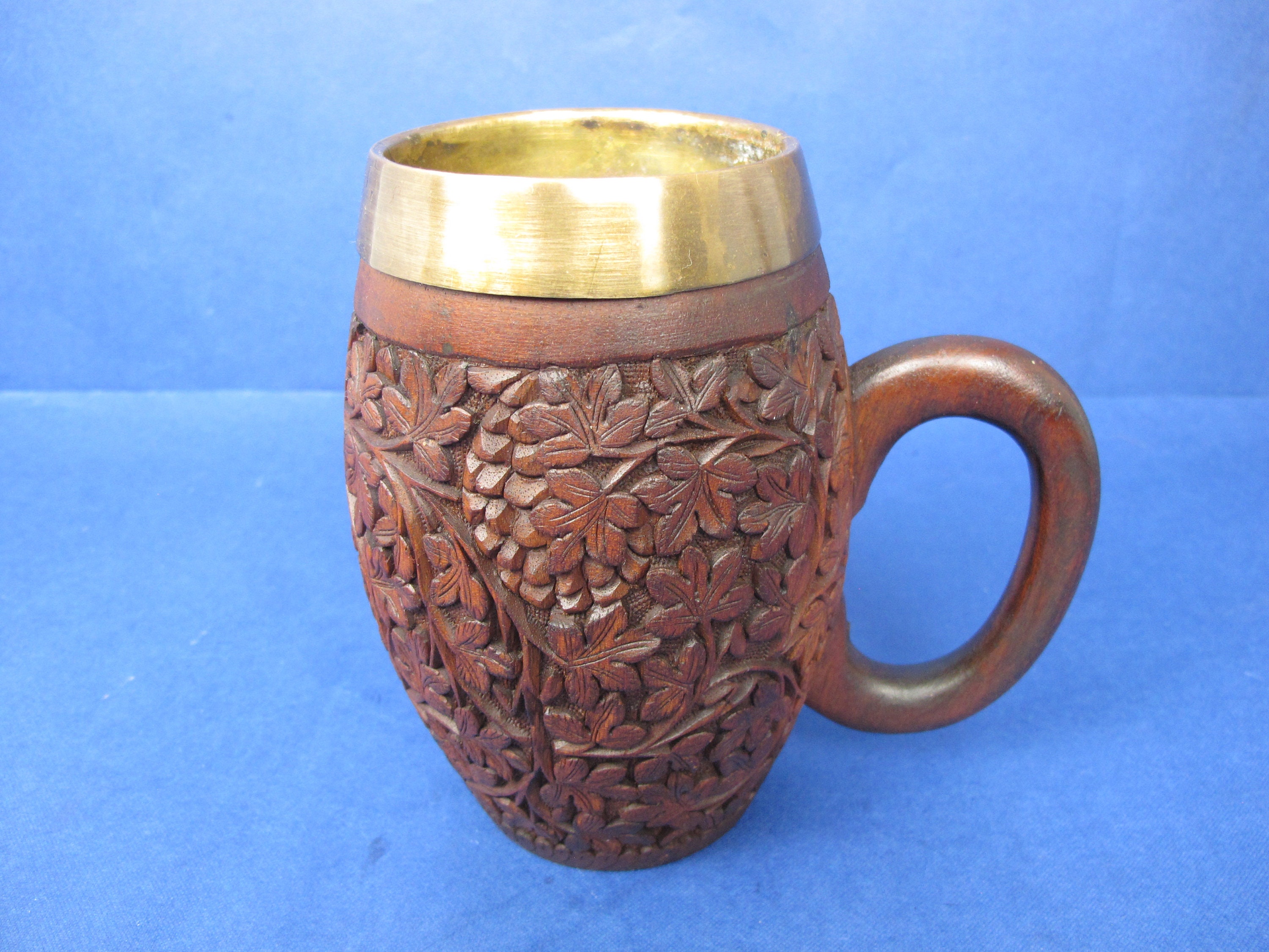 Vintage hand carved wooden mug with brass insert. Large wood Etsy