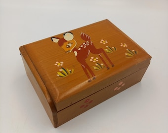 Vintage wooden box, with hand painted deer and flowers 6 x 4 x 2.25 inches