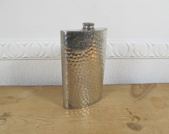 Vintage hip flask. Hammered pewter curved screw-top flask. Made in Sheffield, England. Monogram MC 190ml