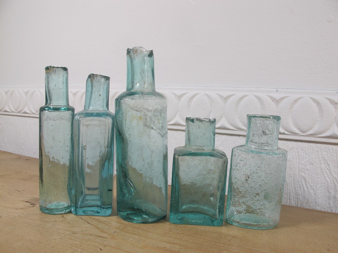 Antique Glass Bottles. Collection of Five. Small Found Glass Display Bottles. Old Worn Glass