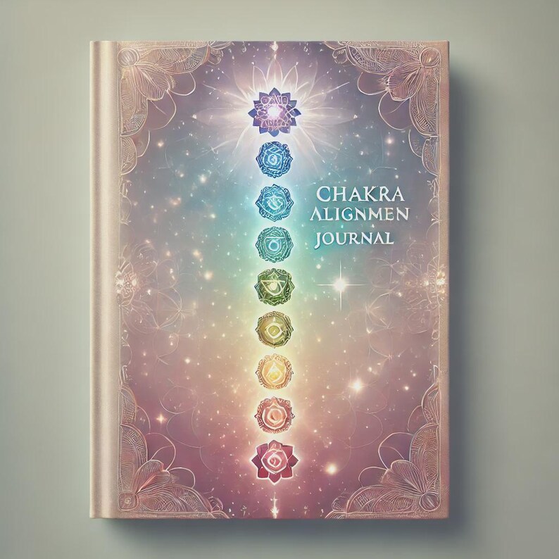 May include: A pink and purple journal with a galaxy background and a vertical line of seven colorful chakras. The text "Chakra Alignment Journal" is printed on the cover.