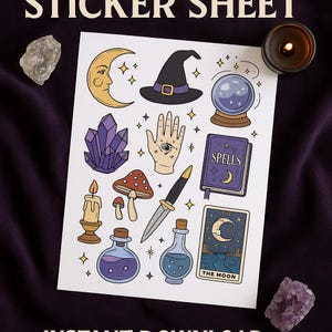 Witchy Printable Sticker Sheet | Mystical Celestial Stickers | Crystal Ball, Tarot, Potion Art | Boho Magic Stickers