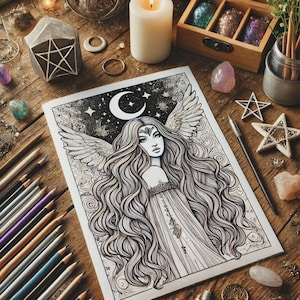 May include: A black and white line drawing of a woman with long flowing hair and angel wings. She is wearing a crown and a flowing gown. The background is a starry night sky with a crescent moon.