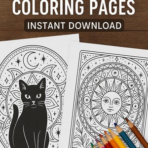 Może przedstawiać: Dwie mistyczne kolorowanki ze skomplikowanymi wzorami, w tym czarny kot i twarz słońca. Tekst "2 Mystical Coloring Pages" i "Instant Download" znajdują się na górze. Kredki są ułożone po prawej stronie.