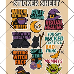 Funny Witchy Sticker Sheet | Colorful Printable Witch Stickers | Digital Download for Planners, Journals, Spellbooks & Gifts