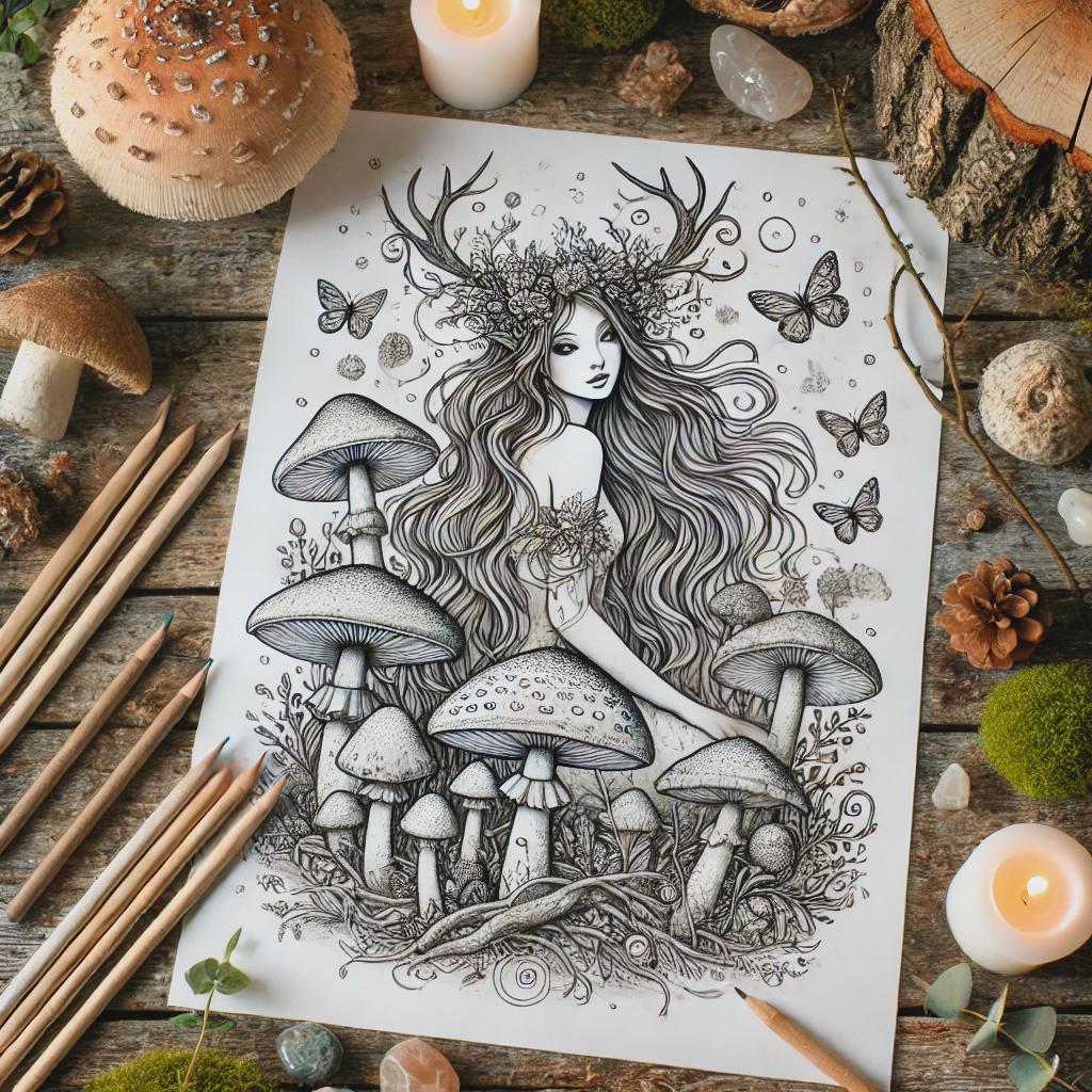 Forest Spirit Coloring Page – Mystical Woodland Adult Coloring Book Printable | Mushrooms, Antlers, Nature Magic | Instant Download