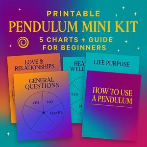 May include: Printable pendulum mini kit with 5 charts and a guide for beginners. The kit includes charts on love, relationships, general questions, health, well-being, life purpose, and how to use a pendulum. The background is a gradient of purple, blue, and yellow.