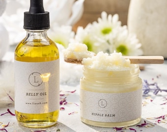 May include: Two glass bottles with labels. The bottle on the left is filled with a clear yellow liquid and labeled "Belly Oil" with the website address "www.lizush.com". The bottle on the right is filled with a white cream and labeled "Nipple Balm".