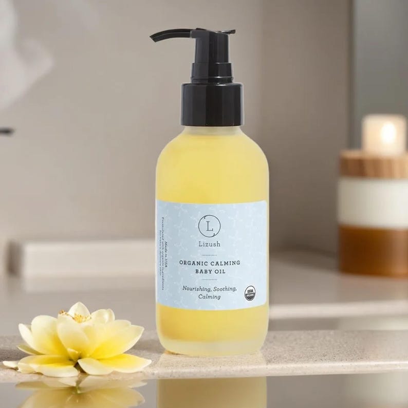 USDA Organic Calming Baby Oil with Lavender & Chamomile, For Sensitive Skin, Organic Massage Oil, All Natural Non-Greasy Oil, Newborn Gift