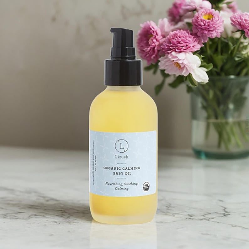 USDA Organic Calming Baby Oil with Lavender & Chamomile, For Sensitive Skin, Organic Massage Oil, All Natural Non-Greasy Oil, Newborn Gift