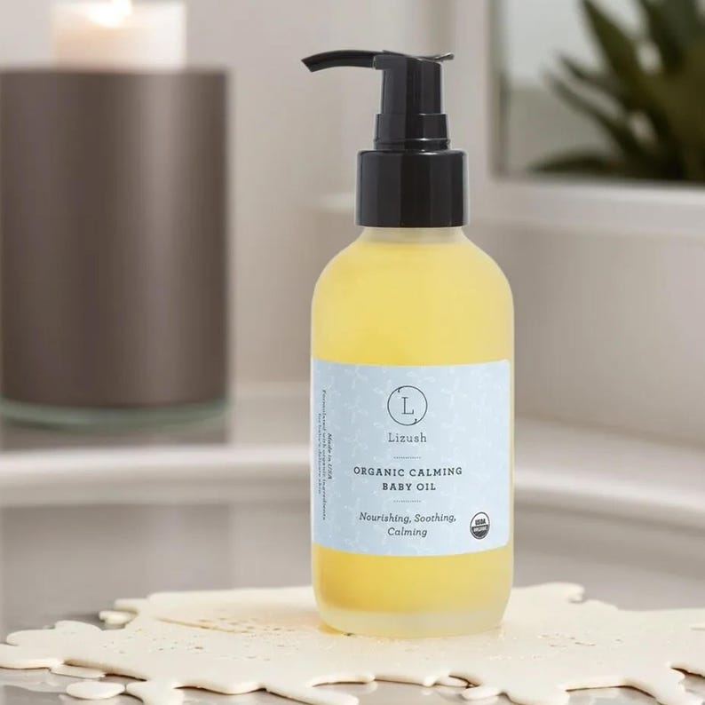 USDA Organic Calming Baby Oil with Lavender & Chamomile, For Sensitive Skin, Organic Massage Oil, All Natural Non-Greasy Oil, Newborn Gift