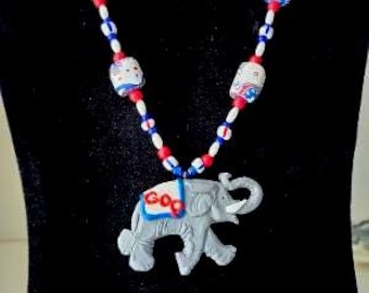 Patriotic Republican Necklace, with Polymer GOP Elephant. Red, White and Blue Glass & Polymer beads.