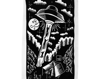 Camping In Canada | Alien Abduction Linocut Print Tea Towel | 100% Cotton Twill