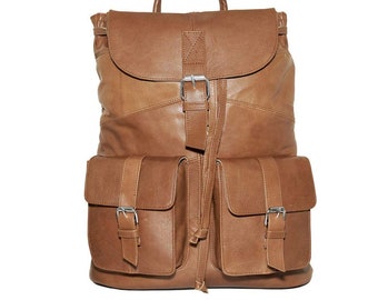 Classic Genuine Real Soft Leather Backpack Rucksack Bag Beige Large Unisex Brown