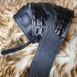 Black on Black Alligator Leather Guitar Strap Acoustin Electric Bass Made to Order