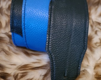 Blue on Black Leather Guitar Strap Acoustin Electric Bass Made to Order
