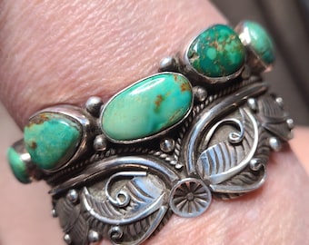 Frank Harvey Era Navajo Turquoise Sterling Silver Cuff Bracelet Vintage