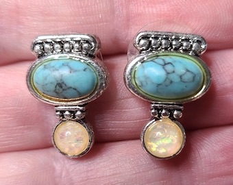 Vintage Faux Turquoise and Opal Silver Tone Earrings with Sterling Posts