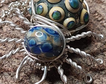 Adorable Spider Pendant Sterling Silver and Lampwork Glass by C Paul Designs Spooky Season