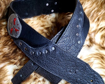 Voodoo Skulls Leather Guitar Strap Acoustin Electric Bass Made to Order by C Paul Designs